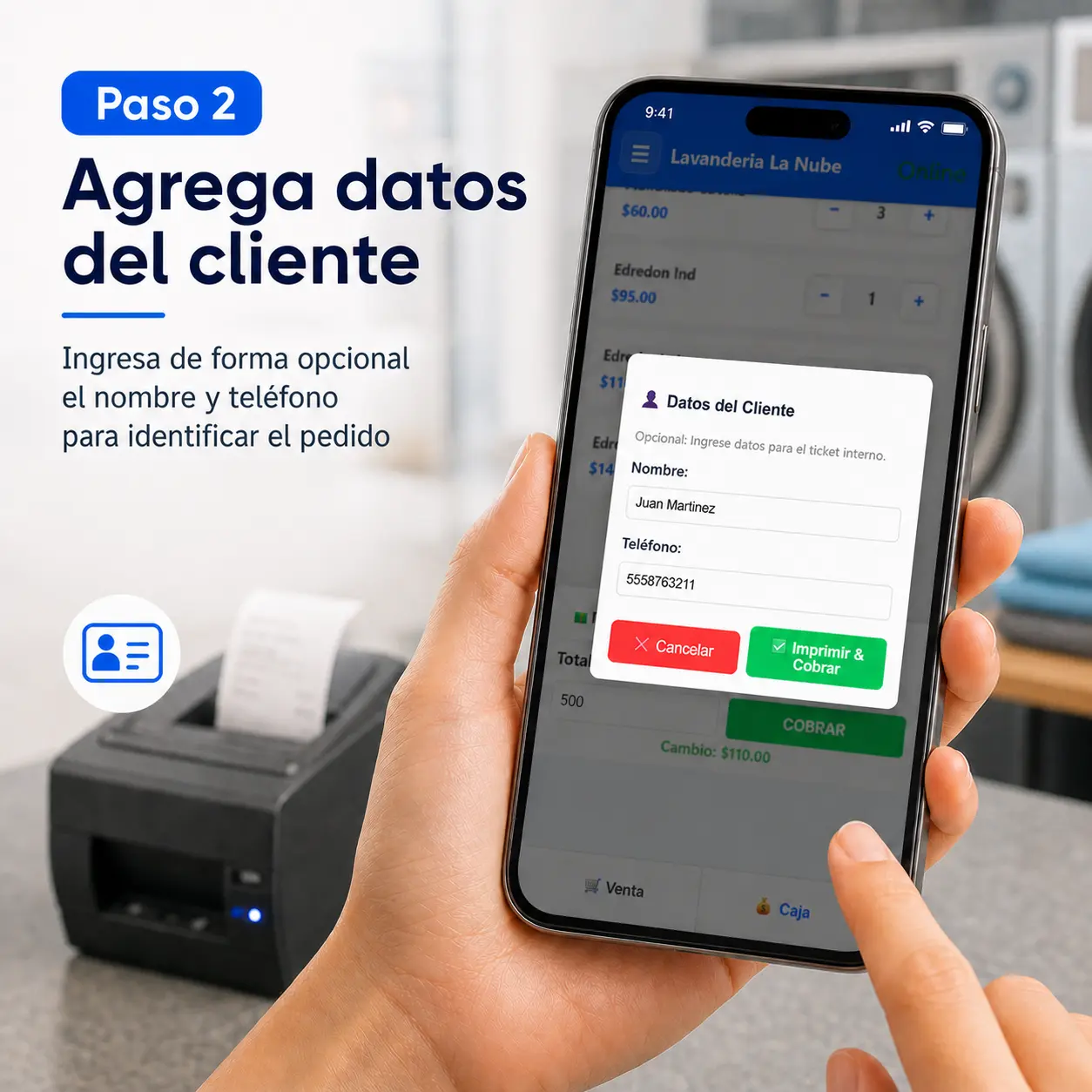 Registro opcional de nombre y teléfono del cliente