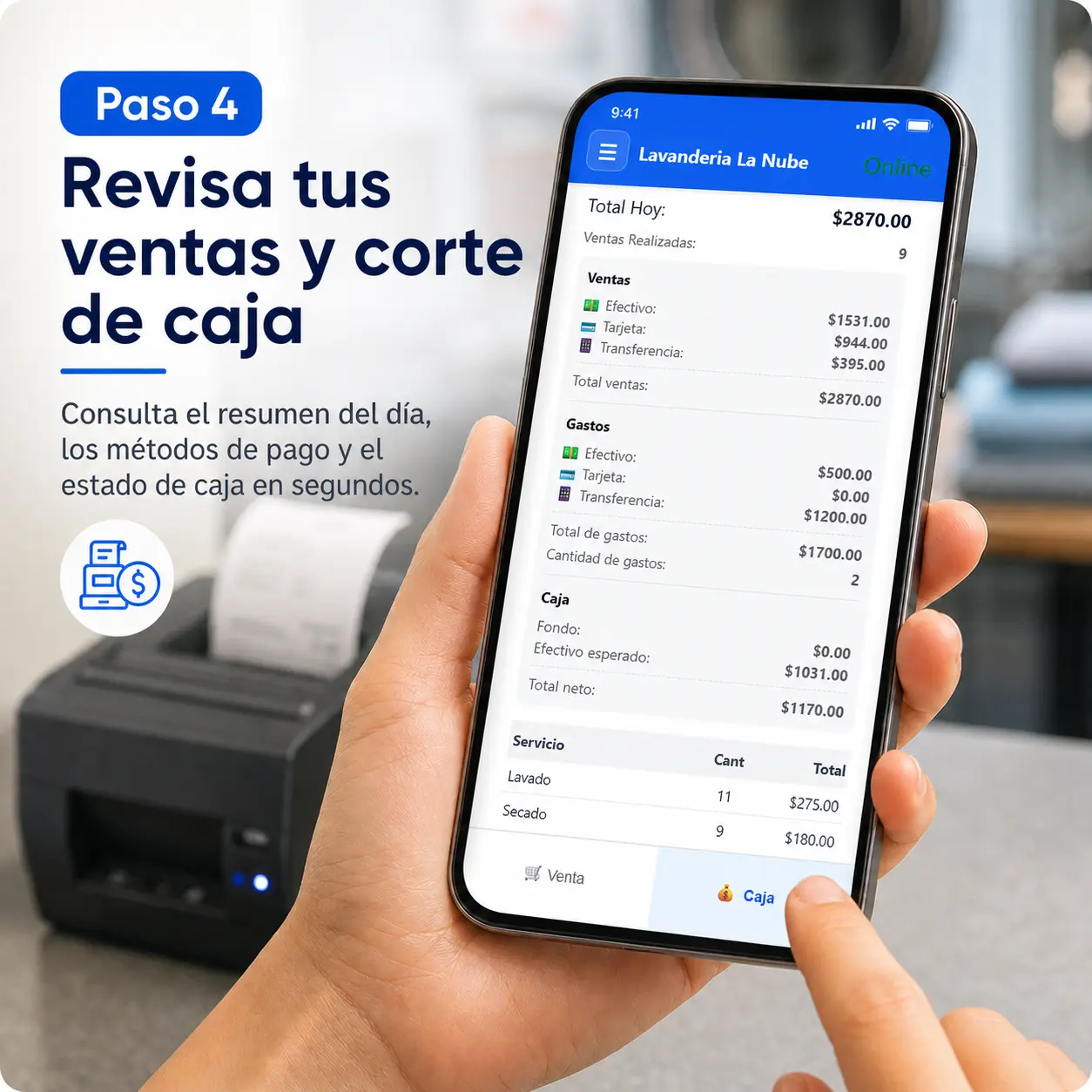 Resumen diario de ventas gastos y cortes en LavandaPOS